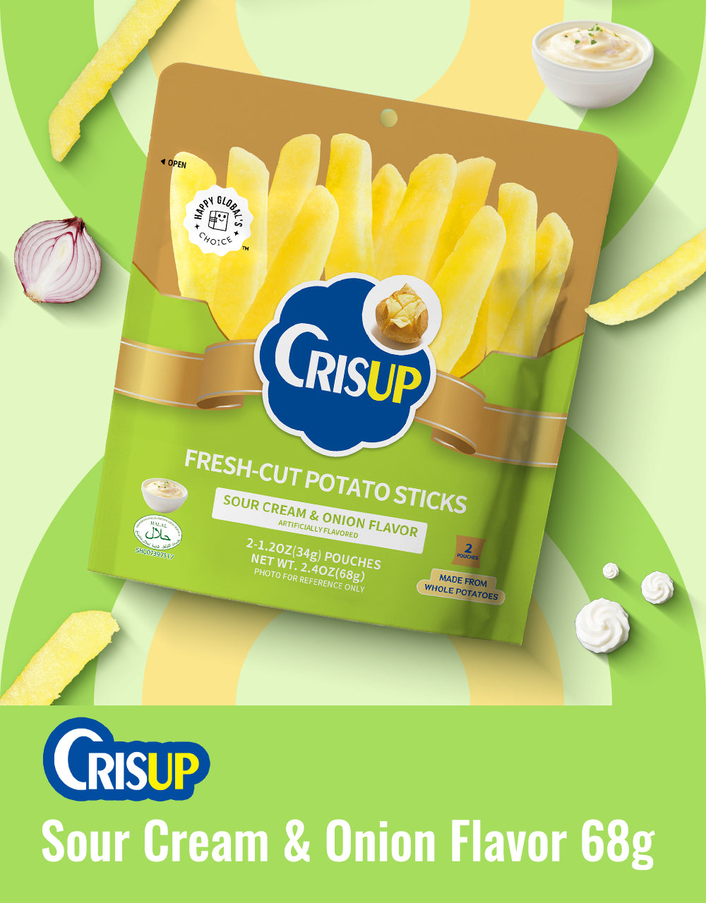 CrisUp Sour Cream & Onion Flavored Potato Sticks - 68g